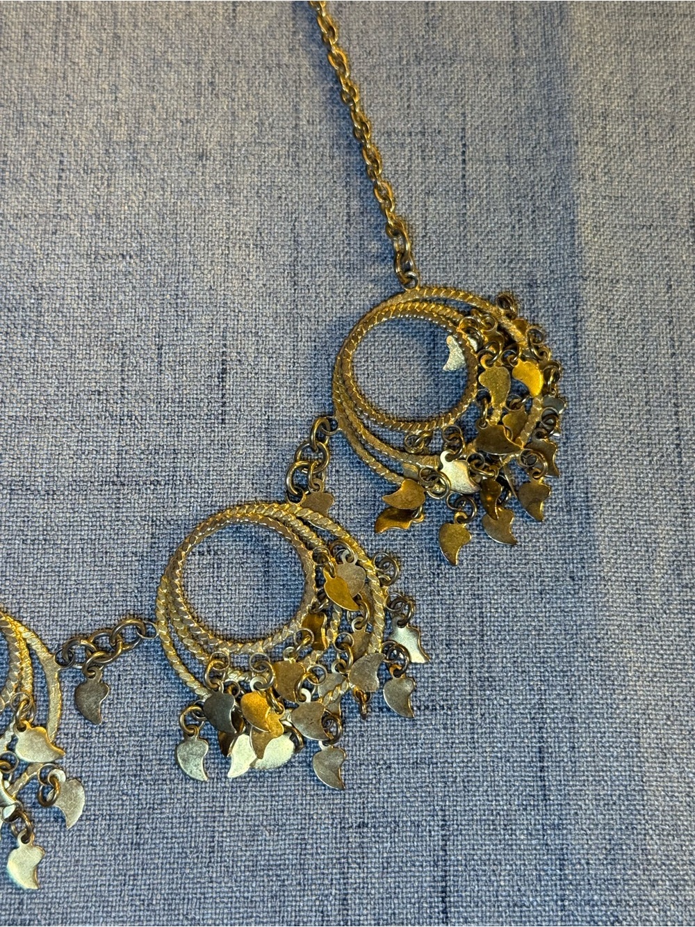 Vintage 1960s Gold Tone Boho Bib Necklace, Textured Circles & Leaf Fringe Charms - Picture 5 of 11